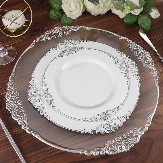 8" Salad Plates -Set of 30 - Plastic White Silver Round Baroque Disposable Chargers Leaf Embossed Rim, Ideal for Dinner Party Wedding Bulk Events