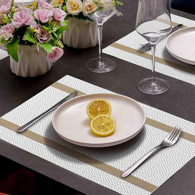 AHHFSMEI Placemats for Dining Table Set of 4 Woven Vinyl Plastic Place Mats Non-Slip Heat Insulation Stain Resistant Table Mats Washable Easy Clean Placemats (White Wave Stripe 4)