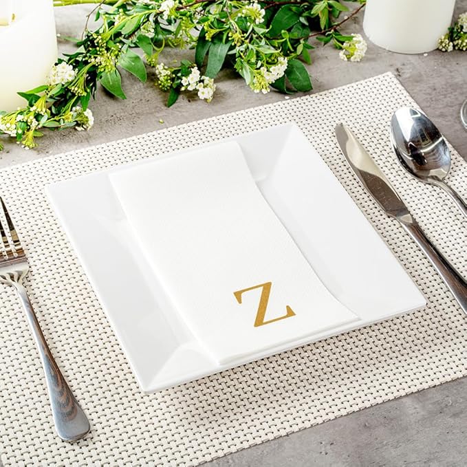 Luxenap 15.8 X 7.9 Inch Linen-Feel Guest Towels, 50 Lettered Hand Towels - Gold Letter 'Z', Sans Serif Font, White Paper Dinner Napkins, airlaid, For Restrooms And Tables - Restaurantware
