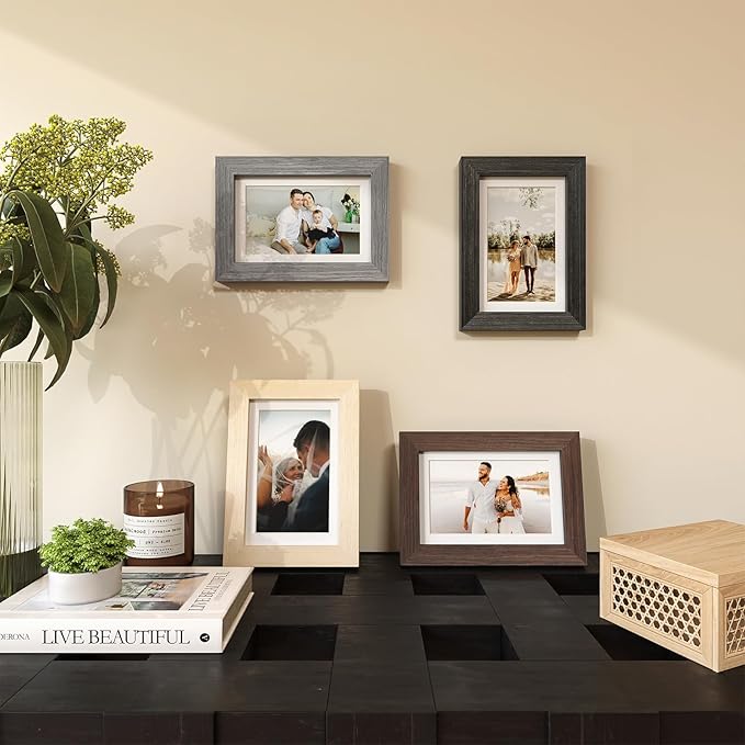 Egofine 4x6 Picture Frame Set of 4, Made of Solid Wood Multicolor Photo Frames Covered by Plexiglass 3x4.5 and 3.5x5 with Mat or 4x6 without Mat, for Table Top Display and Wall Mounting