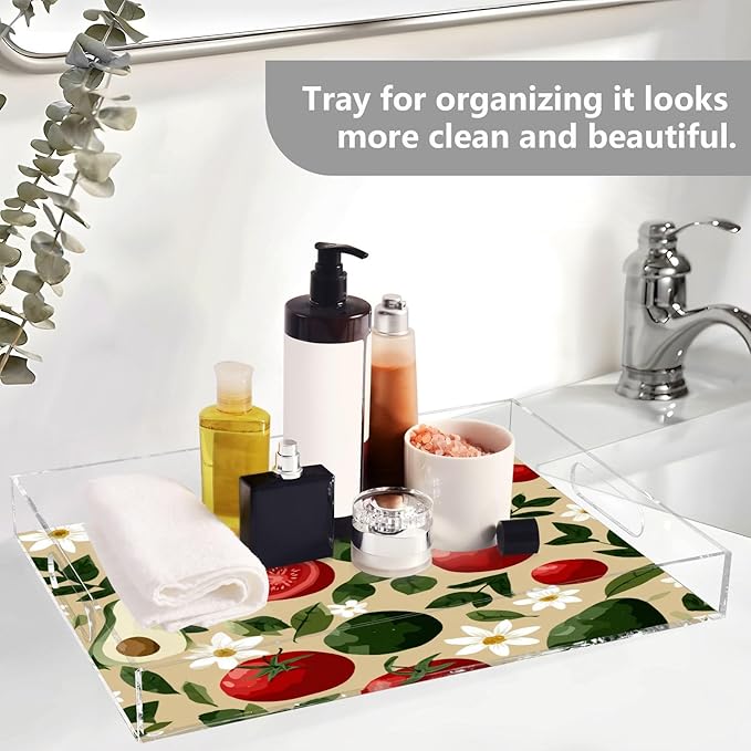 Serving Tray with Handles Clear Acrylic Tray 12x16 Inch Decorative Rectangular Tray Organizer for Ottoman Coffee Table Bathroom Avocados Tomatoes Floral Leaves Beige