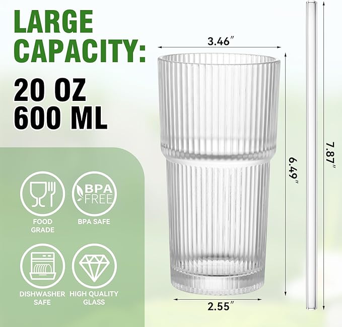 CWHHRN 20 oz Glass Cup and Straw 3 Set, Glass Tumbler with Straw, Vintage Glassware for Whiskey Cocktail Beer, Iced Coffee Cups (3 PACK)