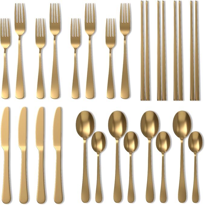 Upgraded 18/8 Stainless Steel 28-Piece Flatware Cutlery Set(Gold)-Silverware set for 4-Luxurious Home Kitchen Dinnerware Sets-Great Kitchen Accessories-Perfect House Warming/Christmas Gift