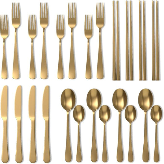 Upgraded 18/8 Stainless Steel 28-Piece Flatware Cutlery Set(Gold)-Silverware set for 4-Luxurious Home Kitchen Dinnerware Sets-Great Kitchen Accessories-Perfect House Warming/Christmas Gift