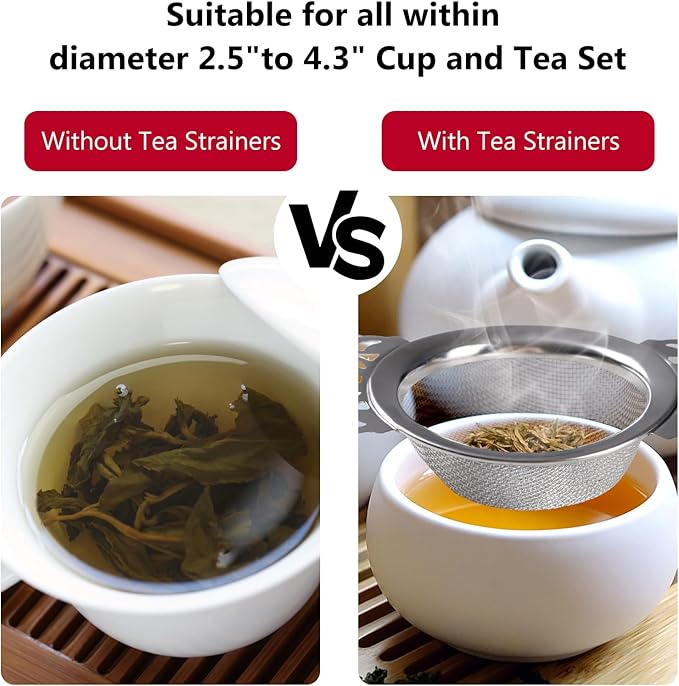 3 Pack Tea Filter Mesh 304 Stainless Steel Tea Drain Strainer 2.5 Inch Teapot Strainer With Petal Handles and Drip Bowl Tea Strainers for Loose Tea Juice Coffee Filter, Silver