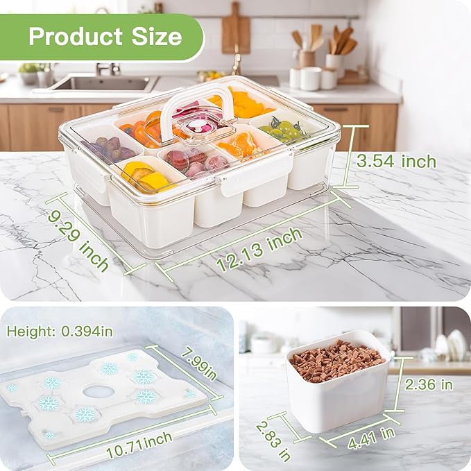 Snackle Box Container, Snack Tray with Lid and Handle, Snacklebox with Reusable Ice Pack, Halloween Candy Bowl, Divided Snack Containers, 8 Compartment Snackable Boxes, for Halloween Party