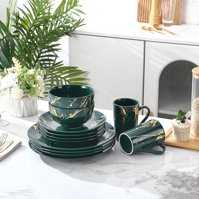Modern Porcelain 16 Piece Green Dinnerware Set,Plates and Bowls Sets,Gold Dish Set for 4,Green Dinnerware Set,Dinner Sets with Dinner Plates.