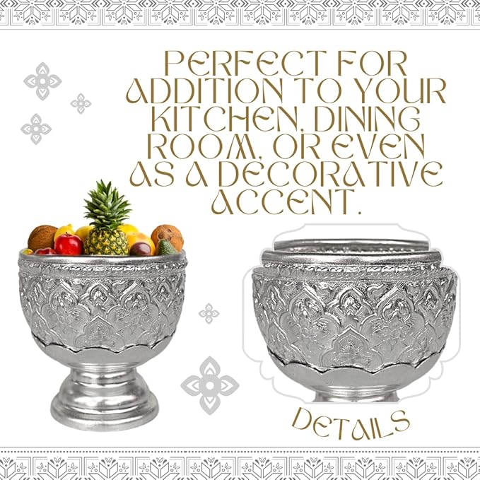 Thai Buddhism Bowl & Tray with Embossed Patterns, Silver Aluminum, Vintage Collection (8 CM)