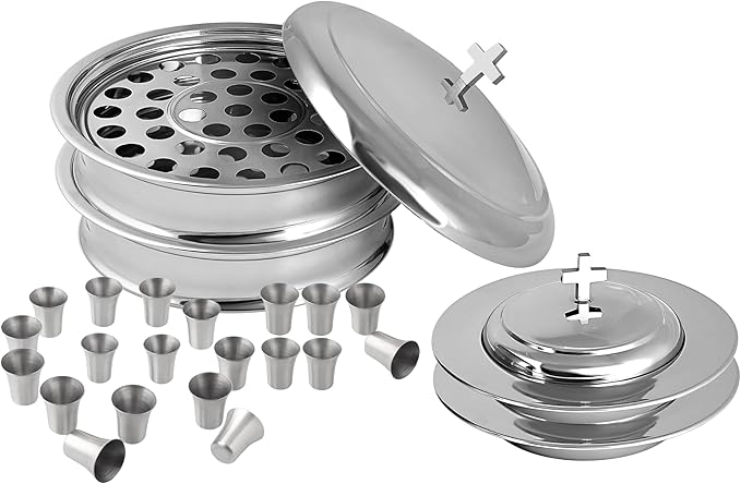 Communion Ware Church Set | Stackable 2 Communion Trays with Cover & 2 Bread Plates with Cover, 80 Cups Included | Ideal for Churches | Stainless Steel - Shiny (Silver) Finish