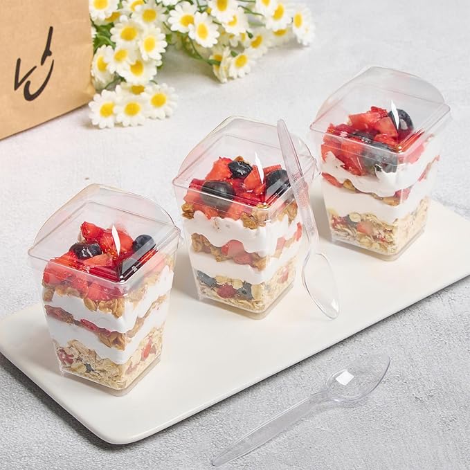 5oz Plastic Dessert Cups with Dome Lids and Spoons, 50 Pack Mini Clear Parfait Cups Square Party Serving Cup for Pudding, Appetizer, Fruit and Ice Cream