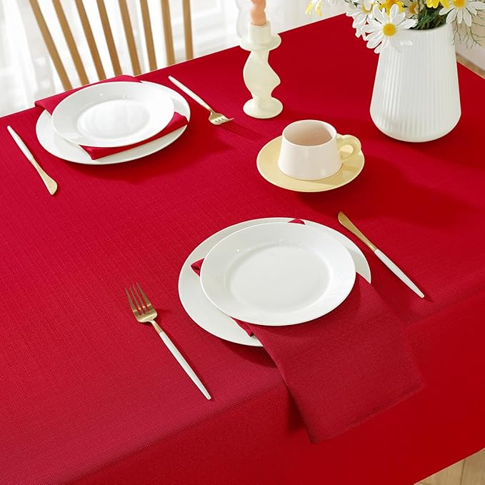 SASTYBALE Christmas Square Tablecloth Spill Proof Wrinkle Free Textured Fabric Table Cloth, Thick Faux Linen Card Table Cover for Xmas Dining, Holiday, Winter, Party (52 x 52 Inch Square, Red)