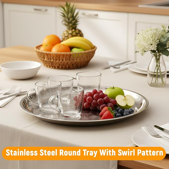 8 Pack Stainless Steel Round Serving Tray with Swirl Pattern Bulk Large Round Tray Silver Metal Display Serving Platter for Coffee Party Club Home (16 Inch)