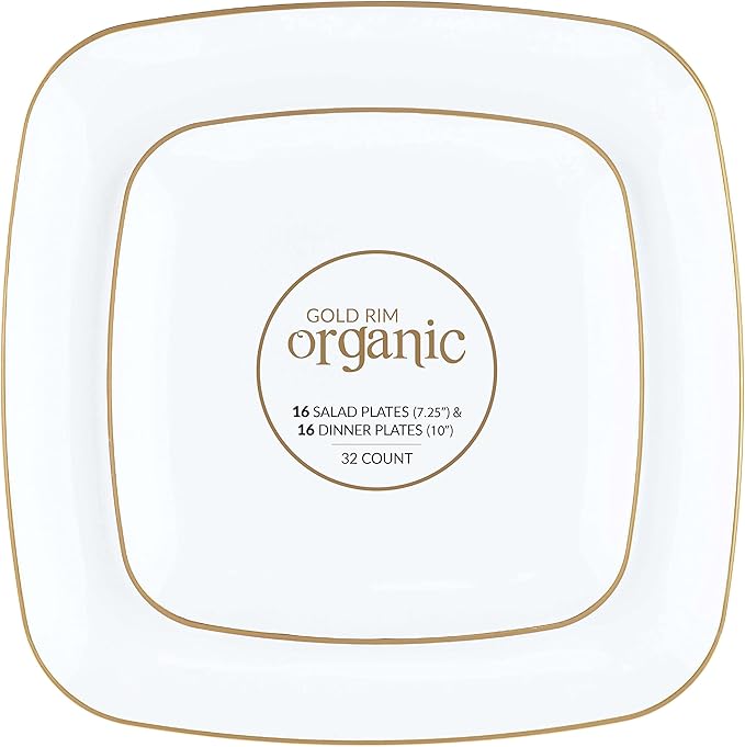 PLASTICPRO Square 32 Piece Combo Plates Set includes 16 x 7'' inch Salad Plates & 16 x 10'' inch Dinner Plates White Plastic Gold Rim Design Party Plates, Premium heavyweight Elegant,