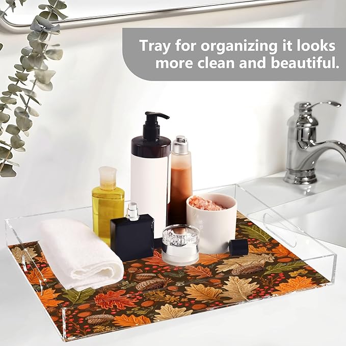 Serving Tray with Handles Clear Acrylic Tray 12x16 Inch Decorative Rectangular Tray Organizer for Ottoman Coffee Table Bathroom Brown Maple Leaves Acorns Berries Branches