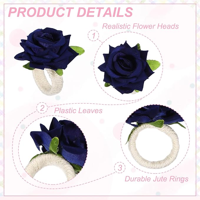 uxcell 6Pcs Flower Napkin Rings, Handmade Rose Napkin Ring Holders Buckles Table Decorations for Christmas Thanksgiving Valentine Decor Wedding Parties, Banquet, Home, Navy Blue