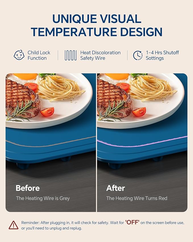 Food Warming Mat, Silicone Heating Tray with 7 Temperature Settings, Quick Full Surface Heating Pad, Thermochromic Line, Kids Lock, Electric Warming Tray for Buffets Party