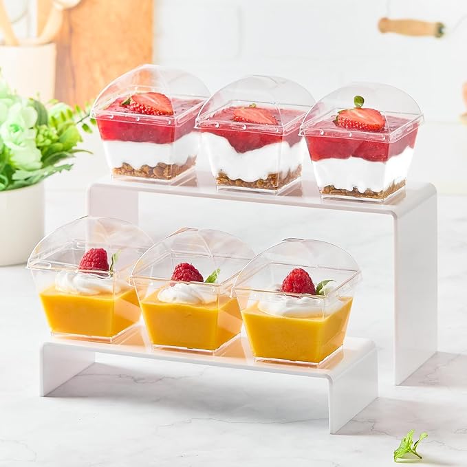 Zezzxu 50 Pack 4 oz Square Dessert Cups with Dome Lids and Spoons, Plastic Pudding Cups with Lids Mini Parfait Shooter Cups for Party Individual Banana Pudding Jello Yogurt Fruit Trifle