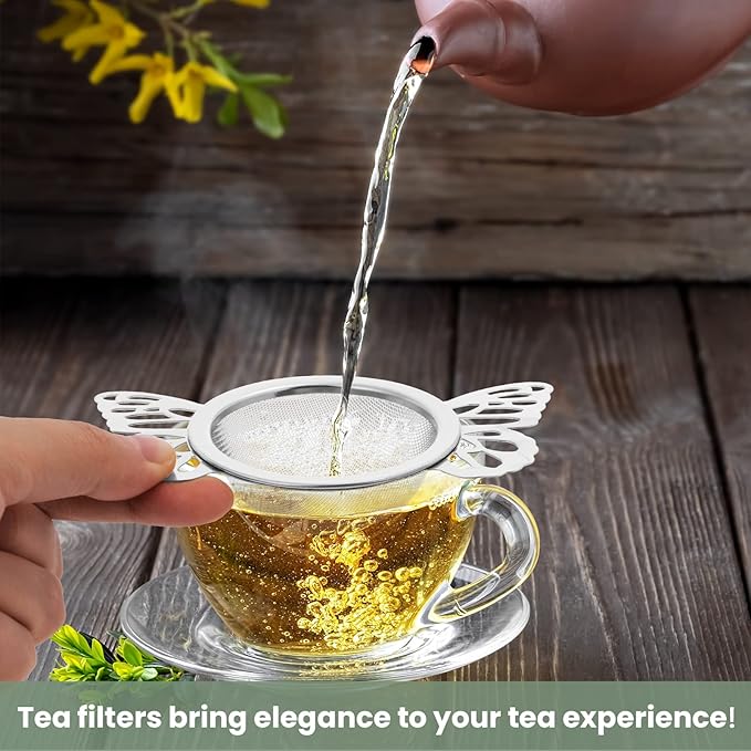 VEIREN 2 Pieces Tea Strainers with Drip Bowl Stainless Steel Loose Leaf Tea Filter with Butterfly Handle Reusable Fine Mesh Tea Interval Diffuser for Loose Leaf Coffee Herbal Spice(Style B, Silver2)