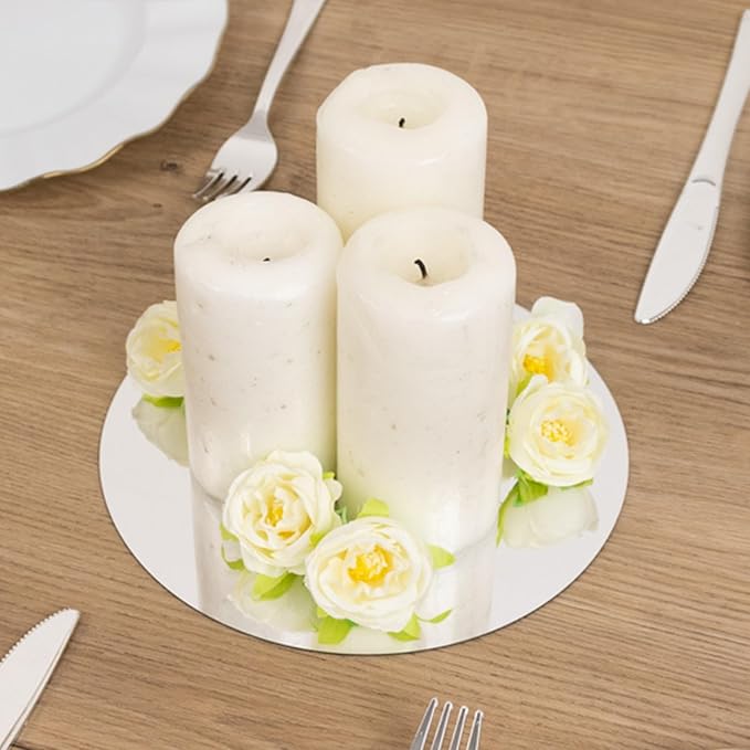 Efavormart 10 Pack Silver Round Acrylic Mirror Tray for Decoration, Circle Candle Plate Centerpiece Bases - 8"