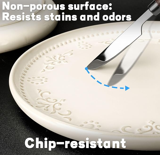 Artena Salad Plates Set Of 4, 8.5 Inch Embossed Small Ceramic Dinner Plates for Appetizer Dessert, Kitchen Plates With Lipped Edges, Microwave Oven Dishwasher Safe (Multiple Patterns) (Pack of 2)