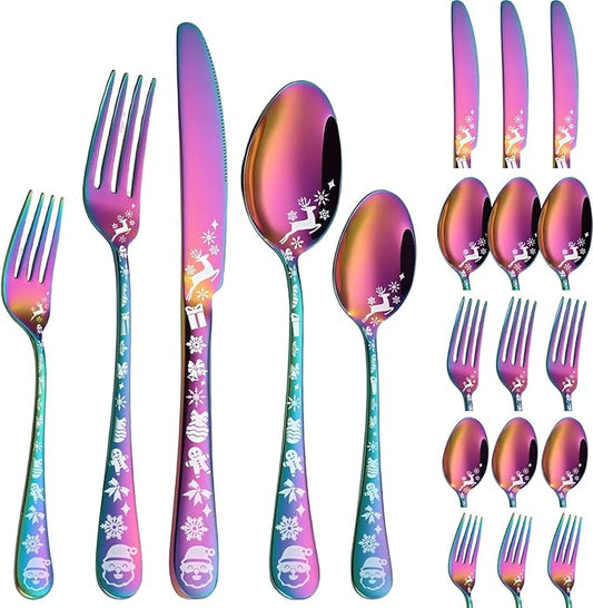 Vilihkc Christmas Style Silverware Set,20 Piece Stainless Steel Flatware Set, Kitchen Utensil Set Service for 4,Tableware Cutlery Set for Home and Restaurant,Dishwasher Safe