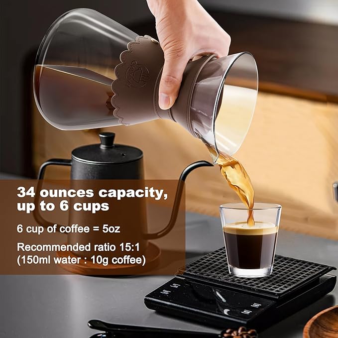 34oz Pour Over Coffee Maker with Double Layer Stainless Steel Filter, Borosilicate Glass Dripper, Detachable Heat-Resistant Leather Pad 7-8 Cups Coffee Maker Carafe（Dark brown）