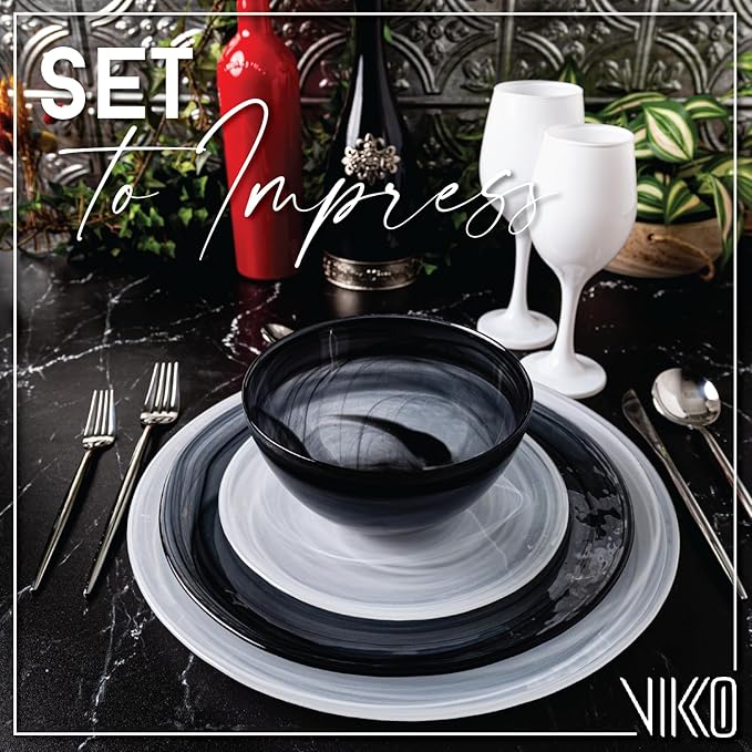 Vikko Soup Bowl, Set of 6 Black Alabaster Bowls, 6" Bowl with Marbelized, Swirl Design, Large 32 Ounce Capacity, Dishwasher Safe