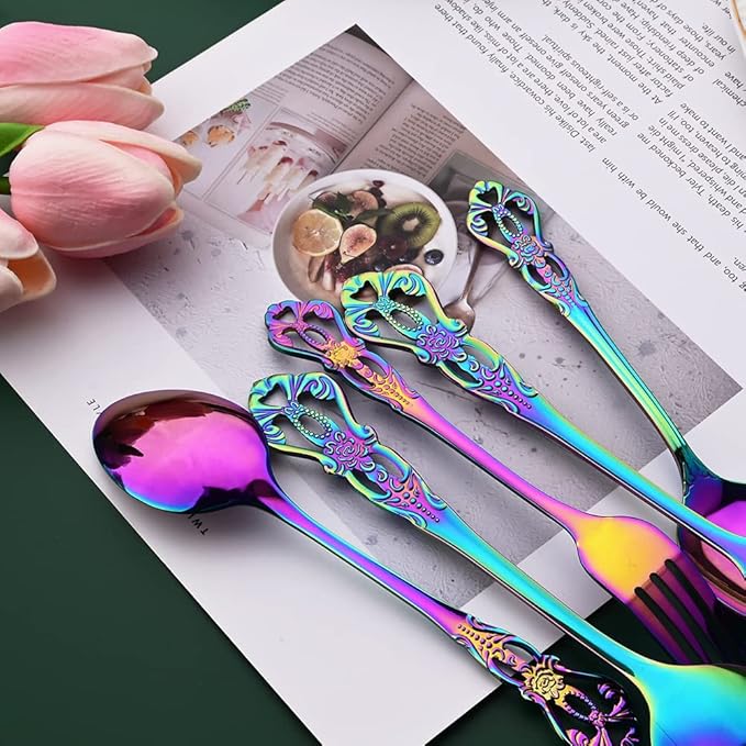 Rainbow Flatware Set For 4, 20 Pieces 18/0 Stainless Steel Silverware Set, Cutlery Utensils Set Include Knives/Forks/Spoons, Antique Baroque Style & Luxury Mirror Polished
