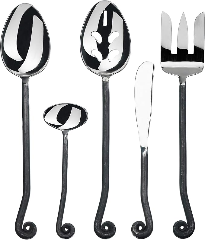 Gourmet Settings - 5-Pieces Hostess Silverware - Treble Clef Collection - Matte/Polished Metal Flatware Serving Set - Stainless Steel Kitchen Utensils Knife/Fork/Spoons - Dishwasher Safe (34-033)