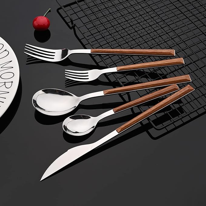 JASHII 30-Piece/6 Sets Wood Flatware Set, Premium Shiny Silver Stainless Steel Cutlery Set, Wooden Square Handle Flatware Dinner Knife Fork Spoon Set, Mirror Polished