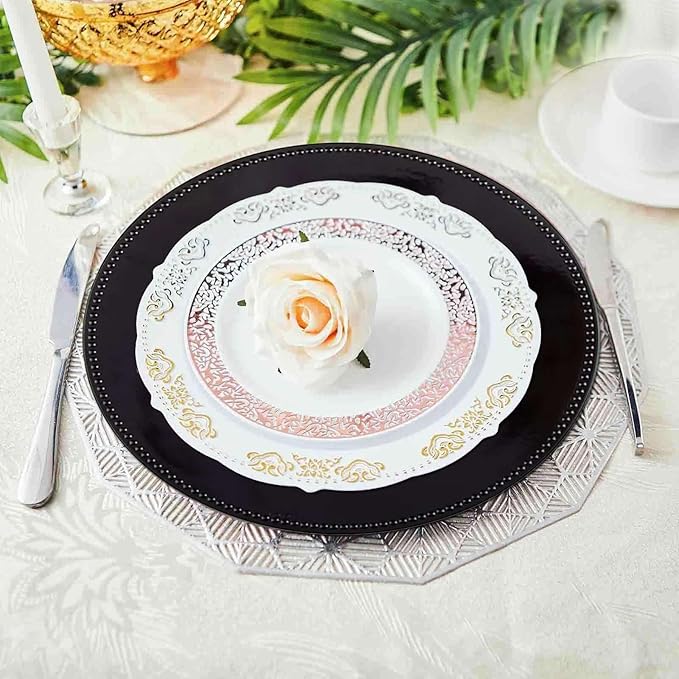 13" Charger Plates -Set of 12 - Acrylic Black Round Beaded Disposable Chargers, Ideal for Dinner Party Wedding Bulk Events Tabletop Decoration