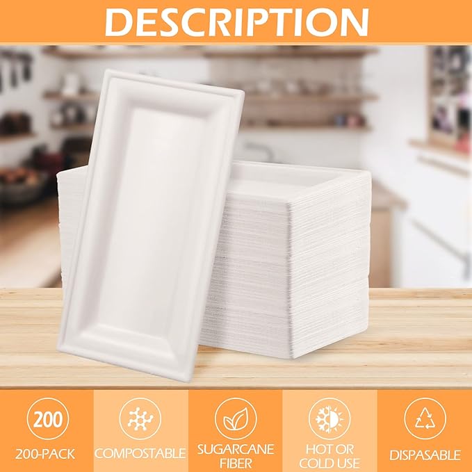 Hotop Disposable Rectangle Plates White Rectangle Serving Platter Heavy Duty Sugarcane Bagasse Plate for Outdoor Indoor Parties Serve Meals Snacks Deserts Fruits (200 Pieces)