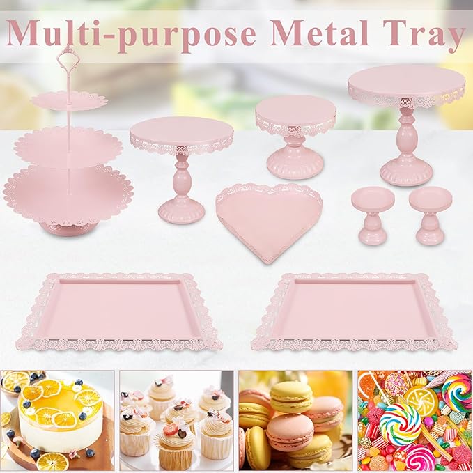 Set of 9 Cake Stands Metal Cupcake Stand Set Multiple Styles Candy Fruit Display Tower Dessert Plate Cake Serving Tray for Birthday Party Wedding Anniversary Baby Shower Engagement (Pink)