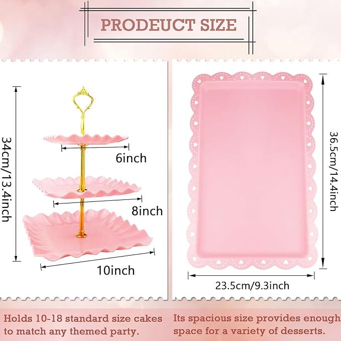 5 Pcs Dessert Table Display Set, Pink Cupcake Stand Set with 2xSquare 3-Tier Cake Stands Holder + 3X Appetizer Trays Suitable for Birthday Wedding Tea Party Baby Shower (Wave Square)