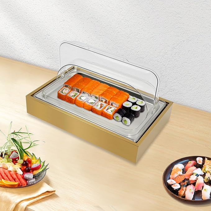 Ice Food Serving Display Tray, 6L/1.59Gal Stainless Steel Buffet Cold Serving Cooler Platter, Cooling Food Dishes Display Plate Case with Clear Cover for Salad, Fruit, Dessert