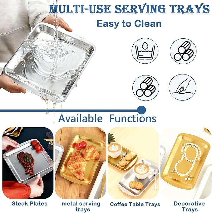 Silver Serving Tray, 304 Stainless Steel Rectangle Plates for Food, Metal Tray for Bathroom Vanity Jewelry and Serving, 9.2x5.7Inch