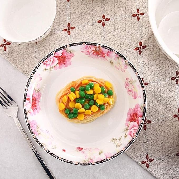 European Style Dinner Set 28 Pieces Dinnerware Bone China Tableware Set Ceramics Flower Pattern Dinner Sets Plates Bowls Combination for Family Party (White)