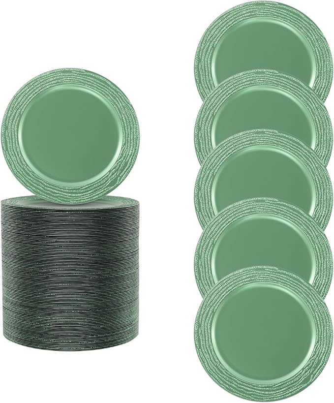100 Pcs Antique Charger Plates Bulk 13 Inch Embossed Rim Plastic Party Dinner Plate Chargers Round Decorative Server Plate for Wedding Party Event Tableware (100pcs-green2)
