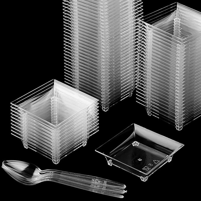 TOFLEN 100ct Mini Dessert Plates with Tasting Spoons, 2.5 Inch Small Reusable Clear Plastic Square Party Serving Hors D'oeuvres Plates for Appetizers (Square)