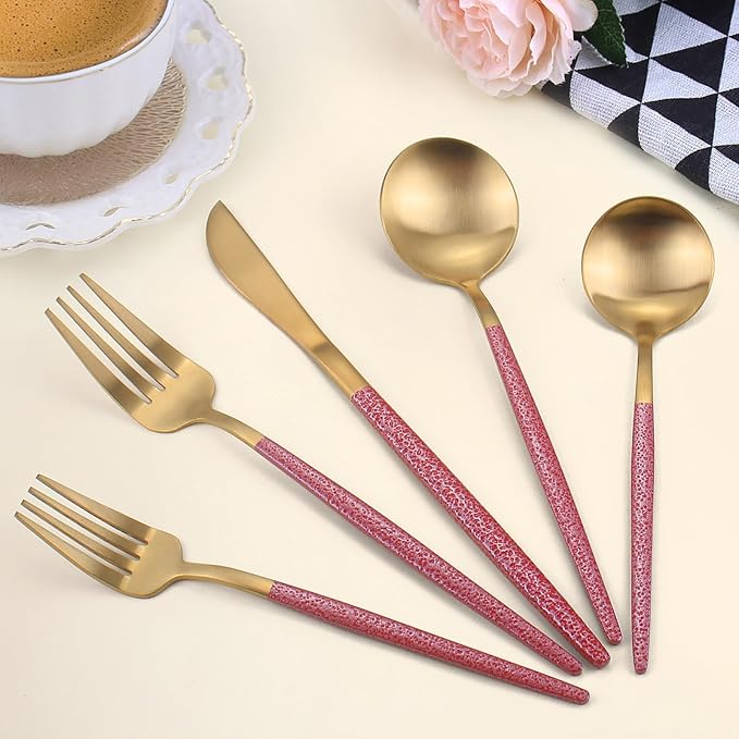 20-Piece Silverware Set for 4,Gold Flatware Set With Red Handle,Durable Kitchen Eating Tableware Set,Include Fork Knife Spoon Set,Premium Stainless Steel Flatware Set,Dishwasher Safe