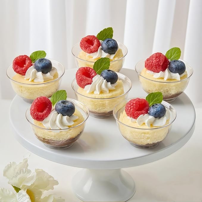 TOFLEN 200ct 2 oz Mini Plastic Dessert Cups, Clear Reusable Tiny Small Party Serving Bowls for Appetizers, Dips, Desserts, Mini Round Hors D'oeuvres Plates