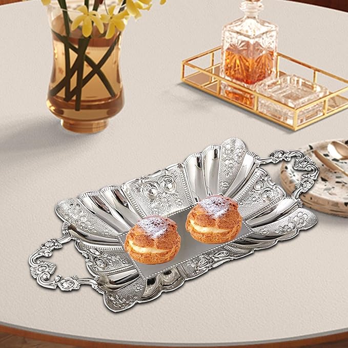 Metal Serving Tray with Handles 11.02x5.51x2.05inch European Style Mirror Fruit Plate for Candy Cupcake Dessert Bar Countertop Table Centerpiece Decor- Silver