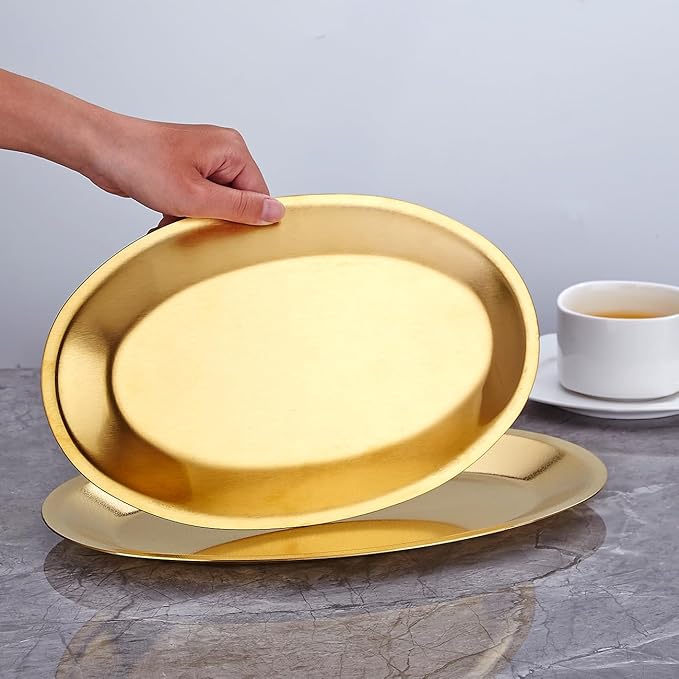 SANQIAHOME 10.9x6.7 Inch Thick Stainless Steel Dinner Plate 2-Piece Set, Egg-Shaped Appetizer Plate,Gold