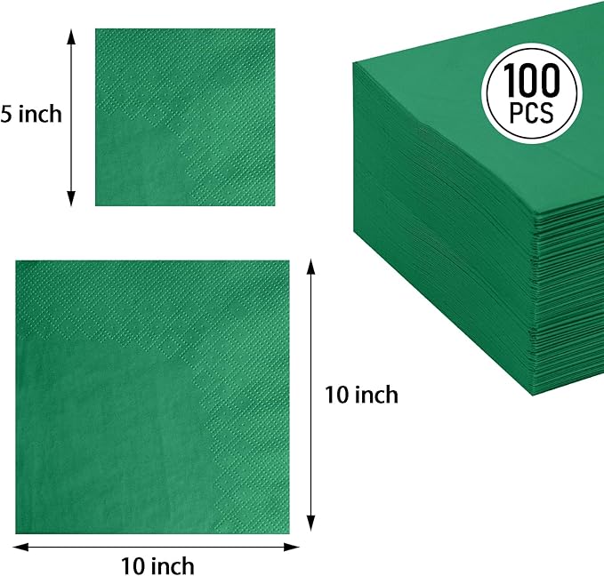 FLOWERCAT 100-Count 2-Ply Dark Green Napkins - Green Napkins Disposable Premium Quality - 5" x 5" Green Paper Napkin for Birthday Party,Bar,Super Bowl,Weddings&St.Paytick's Day