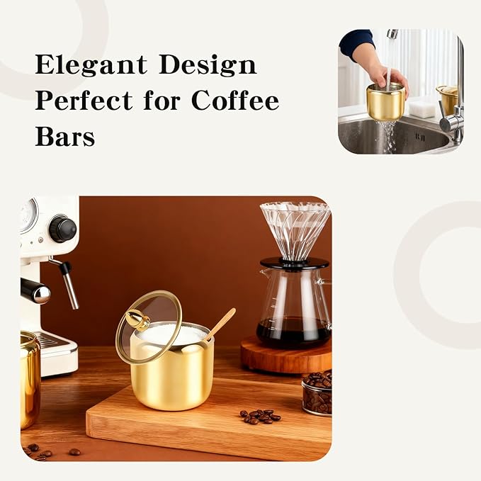Sugar Bowl with Lid and Spoon - 10oz Gold Stainless Steel Sugar Container, Coffee Bar Accessory for Kitchen & Home, Stores Salt & Candy
