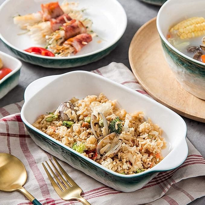 Dinnerware Set Dinner Party Tableware Service Set 51pcs of Nordic Bone China Dinner Bowl Set Porcelain Bowl and Plate White Green Stone Texture High-end Ceramic Bowl and,