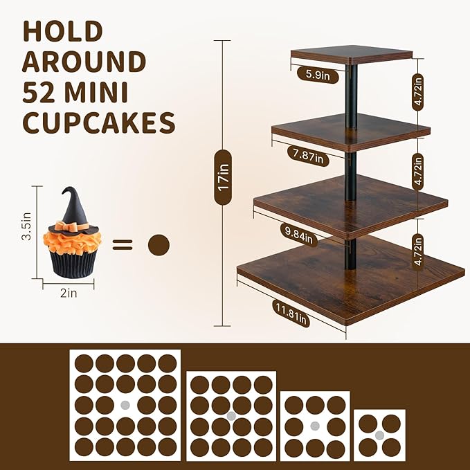 4 Tier Cupcake Stand for 50 Cupcakes,360 Rotatable Wooden Cake Dessert Tower Holder,Rustic Square Tiered Tray Serving Display for Wedding Birthday Baby Shower Tea Party