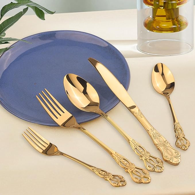 Retro Royal Gold Silverware Set With Gift Box For 8 Cutlery Set Utensils Stainless Steel Flatware 40 Pieces MIKIWAY Kitchen Tableware Set For Gifts Festive, Dishwasher Safe, Mirror Polishing