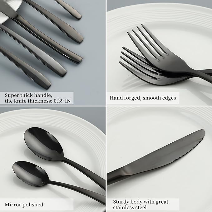 Black 60 Piece Silverware Set,Stainless Steel Flatware Set for 12,18/0 Rust-Proof Cutlery Set with Forks & Spoons,Mirror Polished Dishwasher Safe - Heavy Duty Tableware for Home & Dining