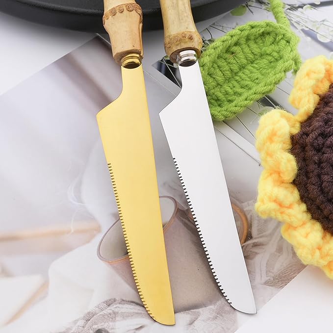 Natural Bamboo 8pcs Dinner Knife, Food Grade Stainless Steel Mirror Polished Sharp Silverware Table Knives Resuable Steak knife, 8.86-inch, Silver